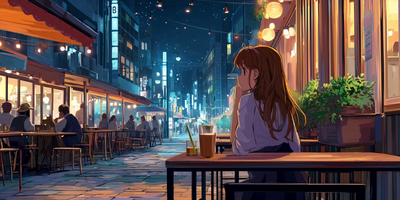 Young woman quietly reflecting at a city café under a starry sky, drawn in anime style.