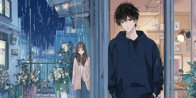 Anime-style scene of a young couple during a rainy evening; the girl stands outside on a balcony while the boy looks away from a doorway, suggesting tension or sadness