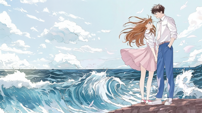 Anime-style couple holding hands on a cliffside by the ocean, with waves crashing and wind blowing through their hair